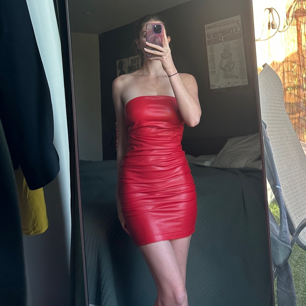 Red leather Strapless Mini Dress